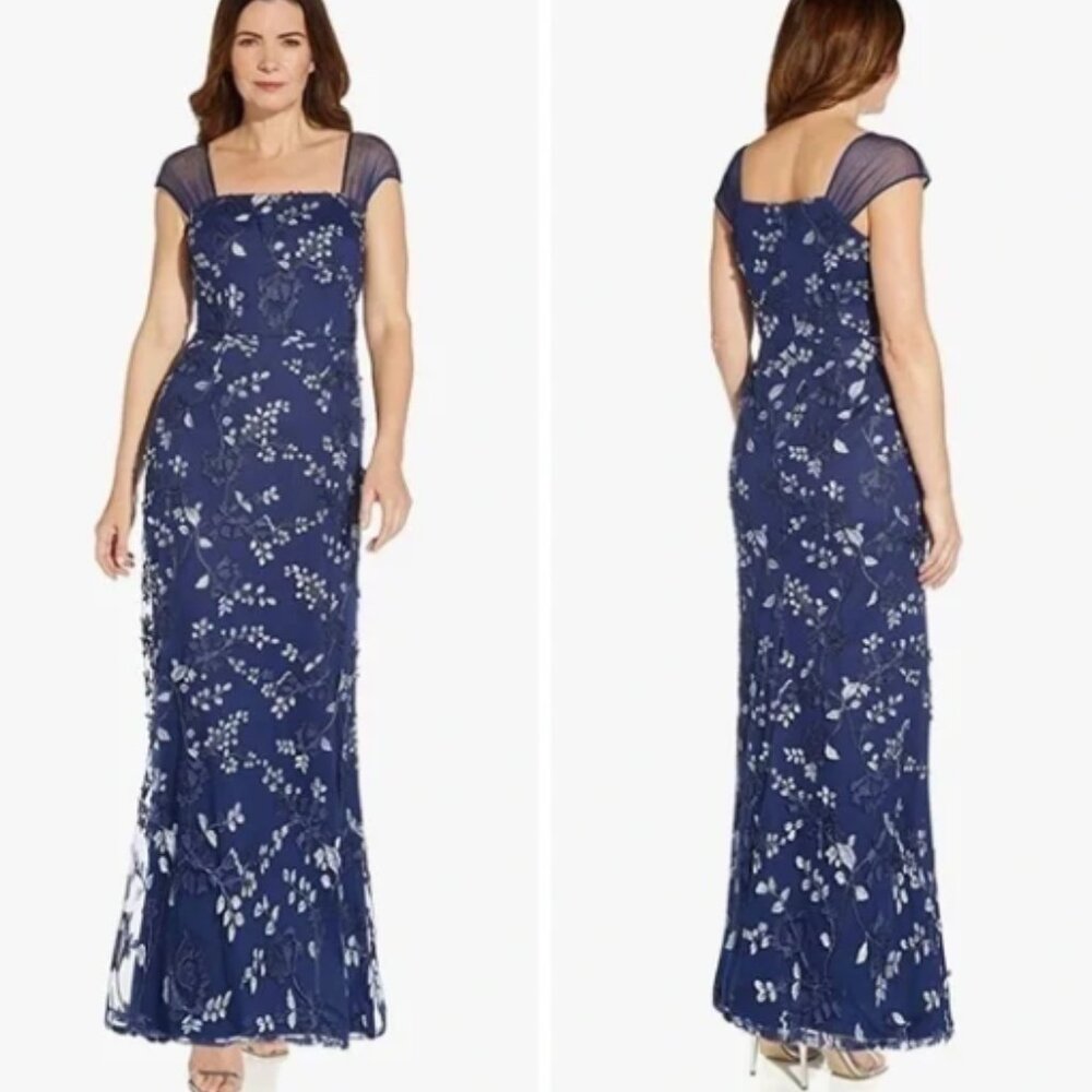Adrianna Papell Navy 3D Embroidery Mermaid Gown